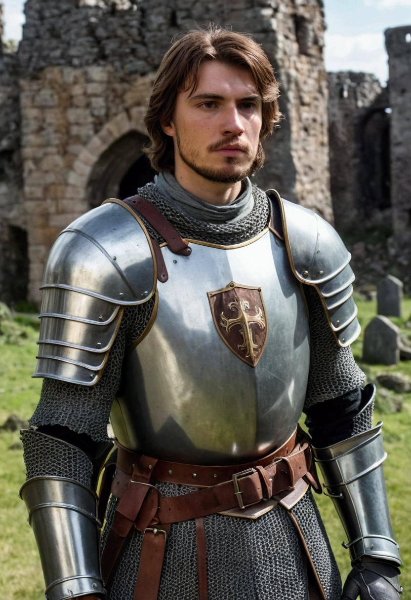 25 year old knight in armor with cuts visible, brown hair, plain face, brown beard, medium height, plain looking, is attending a number of graves that are made of rocks. In the background a ruined castle tower visible