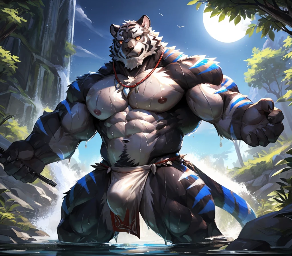 ((best quality)), ((masterpiece)), (ultra detailed), perfect face,(sharp eyes),sharp focus,(artist: lindong, null-ghost, dangpa, gamma_g, kulplant), (male antro black tiger):2.0, ((blue stripes)), ((black body)), ((white belly)), (tiger ears, tiger tail), (sharp eyes) ,ultra-detailed eyes, (Beautiful and delicate eyes), ((red crimson):0.1 eyes), ((white sclera)), ((fluffy fur, fluffy, furry body)),((long white loincloth), with yellow pattern):0.8, muscular male , (wearing random pattern necklace), smile, (bulge), reflection, sexy body, middle-age, strong, looking at view, (((sfw:1.5))), (( abs, strong muscle, 8 pack)), shirtless, tougue out, claw, pink nipples, handsome,(Great physique),strong arms man, majestic, barbarous, handsome, sweating:1.8, anime, forest next to the waterfall, near waterfall, drenched,wet,naked,serene,peaceful,glistening sunlit water,gentle ripples,on the riverbank,lush greenery,tall trees and dense foliage,clear blue sky,tranquil atmosphere,vivid colors, night, a blue moon, dim light, drenched, wet body:0.7