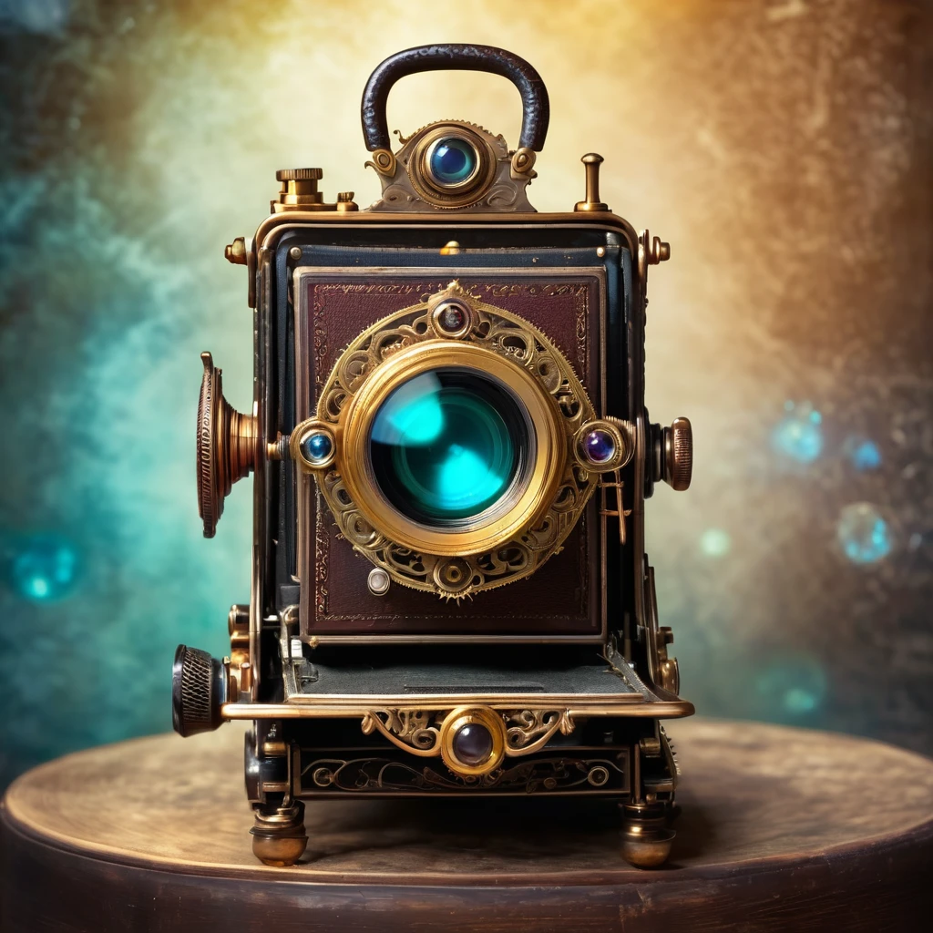 A magical artifact with a bright stone in the form of a 19th century camera. steampunk style