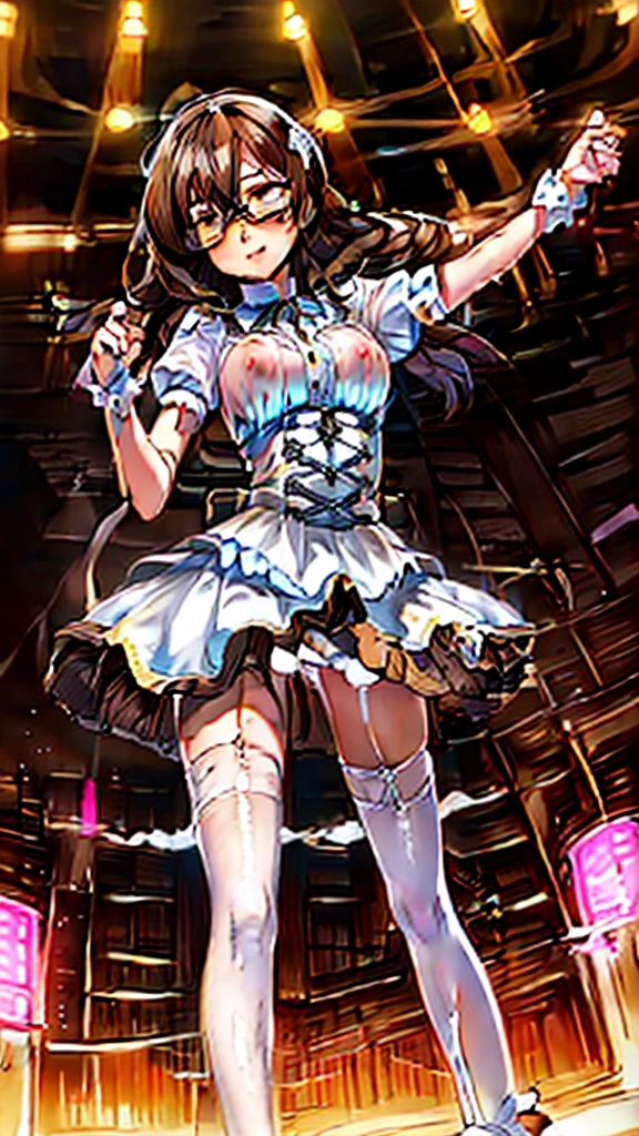 (Makimami Mari illustrious) ,(Awards:1.3), (Highest quality), (8K high resolution), ((Ultra-detailed)), ((One Girl)), ((Anatomically correct)), Good lighting, (Quicksand), ((Complete limbs)), ((Full Finger)), ((Beautiful active girl aged 18)), (()), Pink rimmed glasses, Very short hair,((White liquid hanging on the face)), (slender brown eyes:1.5), (Brown hair:1.99)), ((White liquid dripping from the crotch)),(((naked))), Ahego face, Bust 120cm, Waist: 58cm, Hips 99cm,Erect nipples, (Reinforced Body, Get six packs:1.1),gigantic breasts, On stage,A large audience, (( Squat, Spread your legs, Place your hands behind your head, White of the eyes ))