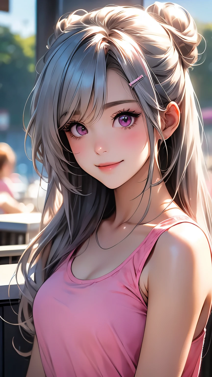 1girl、ultra long silver hair tied in a bun with a hair clip, Pink Eyes、smile、really like、Pink tank top、hot pants、Upper body close-up、Morning Cafe Terrace、Background blur, Written boundary depth