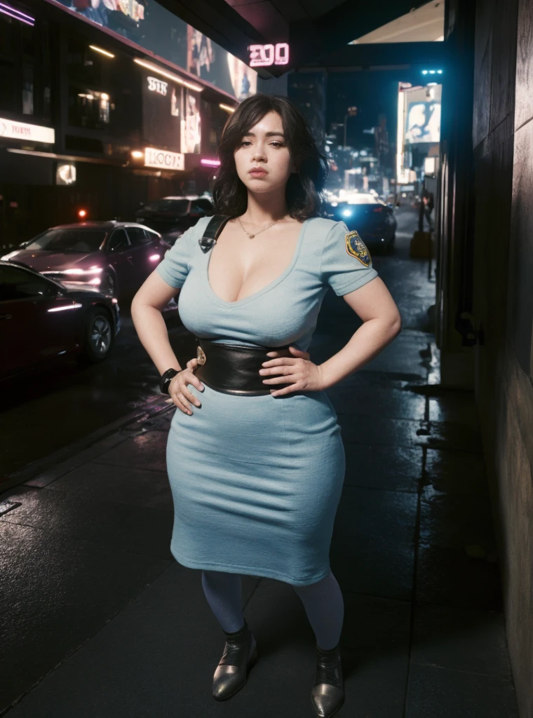(1 Female), (mature), Female police officer, Severe, Rosy Cheeks, City streets, at night.Hands on hips, Handcuffs on waist, Cleavage, Bad mood, Looking down at the viewer, Disheveled Hair, Magic Hand, {{{high quality}}}, {{{Super detailed}}}, {{{Sharp focus}}}, {{{Tabletop}}}, Octane Rendering, Hmph, (Hyper Detail:1.15), 8k wallpaper, {Very delicate and beautiful}