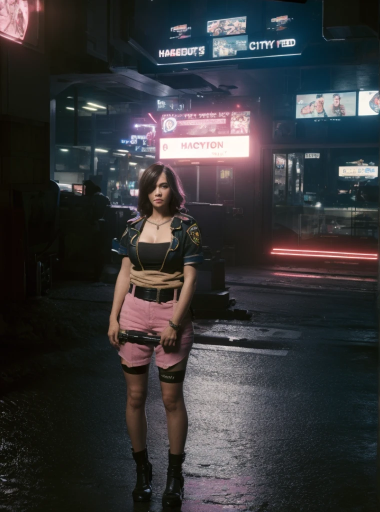 (1 Female), (mature), Female police officer, Severe, Rosy Cheeks, City streets, at night.Hands on hips, Handcuffs on waist, Cleavage, Bad mood, Looking down at the viewer, Disheveled Hair, Magic Hand, {{{high quality}}}, {{{Super detailed}}}, {{{Sharp focus}}}, {{{Tabletop}}}, Octane Rendering, Hmph, (Hyper Detail:1.15), 8k wallpaper, {Very delicate and beautiful}