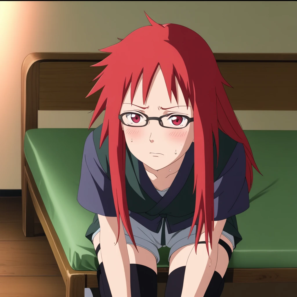 Red hair, 1 Girl, Glasses, Long hair, Red Eyes, Solitary, Umbilical cord, Looking at the audience,No students, Japanese cartoons screencap, Japanese cartoons coloring,src_Japanese cartoons,Naruto \(series\), Naruto shippuuden,((blush,nervous,Vision,))masterpiece, absurd , (Intricate details), (Colorful), light, Extremely detailed CG unity 8k wallpaper ,1 Girl, solo,(shy,classroom,Kneel down,night,blush,nervous,Sweating,蕾丝dress, ),sweat,blush,blush1.5,Blush,Medium chest,((dress,Vest,shorts,Black stockings,night,)),(dress,Lying in bed,Uncomfortable expression,Kneel down)