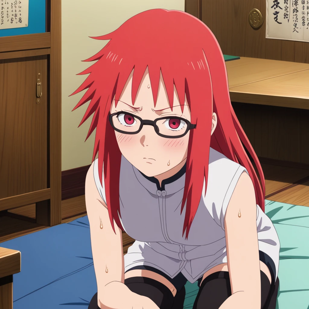 Red hair, 1 Girl, Glasses, Long hair, Red Eyes, Solitary,  Umbilical cord, Looking at the audience，No students, Japanese cartoons screencap, Japanese cartoons coloring,src_Japanese cartoons,Naruto \(series\), Naruto shippuuden,（（blush，nervous，Vision，））masterpiece， absurd ， （Intricate details）， （Colorful）， light， Extremely detailed CG unity 8k wallpaper ，1 Girl， solo，（shy，classroom，Kneel down，night，blush，nervous，Sweating，蕾丝dress， ），sweat，blush，blush1.5，Blush，Medium chest，（（dress，Vest，shorts，Black stockings，night，）），（dress，Lying in bed，Uncomfortable expression，Kneel down）