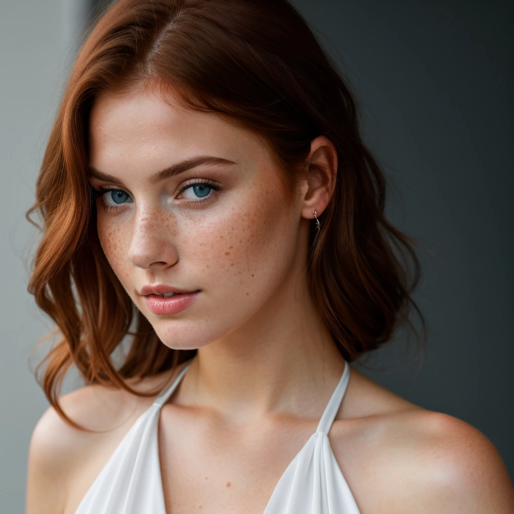 young girl, red-haired woman, blue eyes with light freckles on her cheeks, big tits, she is dressed in a sexy, elegant black dress, photo taken on a white background. Ultra-high resolution, (photorealistic: 1.4), high resolution, (brown eyes), (finely detailed skin), (perfectly proportioned) (photo realistic) (masterpiece) (photorealistic), ultrarealistic (Best Quality) (Detailed) photographed in a Canon EOS R5, 50mm Lens, F/2.8, (8K) (Wallpaper) (Natural lighting) (Convoluted) Fashion