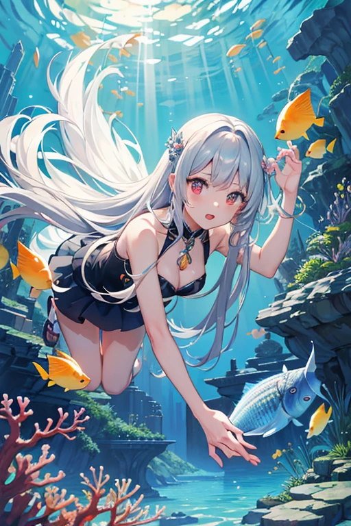 masterpiece, Highest quality, High resolution,Follow the on-screen instructions、Anime Style、Follow the prompts、One Girl、Long silver hair、Inside a cylindrical aquarium、Coral Reef、fish、Falling position、Extend your hands towards the water、On the way down to the bottom of the sea