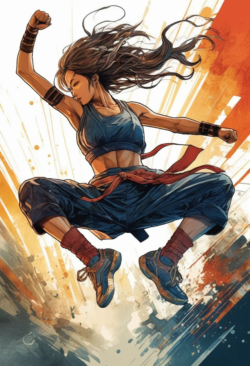 artwork:Katsuya Terada 、(Raise your right leg high and kick towards the viewer:1.4)、Kick the viewer in the neck with your right foot、High Kick、Beautiful female fighter、A powerful right spin kick、Plasma is generated from the feet、Shiden、roar、Waist-wounded outfit、Light and shadow background、High contrast、 (Vector art:1.4), Watercolor、diego gisbert lawrence、Joe San Gonzalez Dan Mumford、Picture book illustrations、vague、Highest quality、Intensive、Golden ratio composition、Haruka Fukuhara、