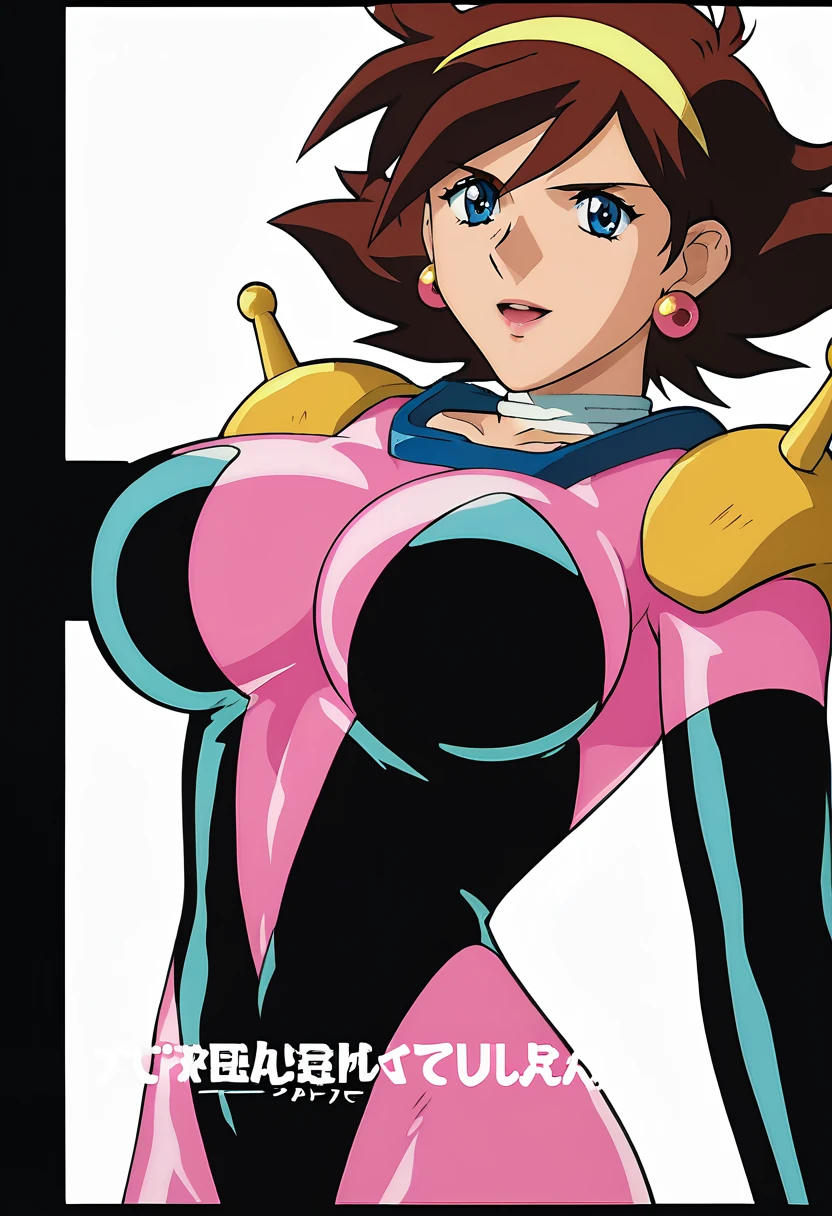 score_9, score_8_up, score_7_up, score_6_up, score_5_up, score_4_up,detailed Lora,masterpiece,best quality,highres,absurdres,official art,official style,source_anime,anime coloring,(anime_screencap),megami magazine,anime,animated,explicit,shiny skin,extremely detailed CG unity 8k wallpaper,detailed face,perfect face,beautiful face,(detailed eyes),(perfecteyes),(expressive eyes),perfect anatomy,BREAK,RAIN MIKAMURA,brown hair,short hair,blue eyes,pink and black latex bodysuit,skin tight,shoulder armor with antenna,yellow hairband,earrings,(huge breast),nallow waist,lewd lowerbody,cowboy shot,from behind,looking at viewer,dynamic angle,
