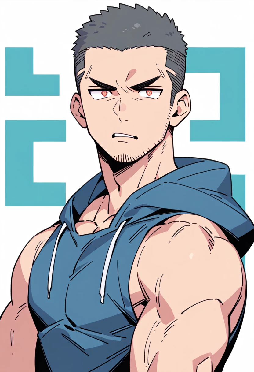 anime characters：Priapus, Muscle Sports Student, Buzz Cut, Manliness, male focus, Sports tight hooded sweatshirt, Very tight, full and perky chest muscles, muscular male, muscular, only, Upper body, alone, Black short hair, Thick eyebrows, stubble, Brown-red pupils, White background, simple background, amazing quality, best aesthetics, Ridiculous, crew cut, parted lips, frown, angry, v-shaped eyebrows, scowl, negative space, best quality