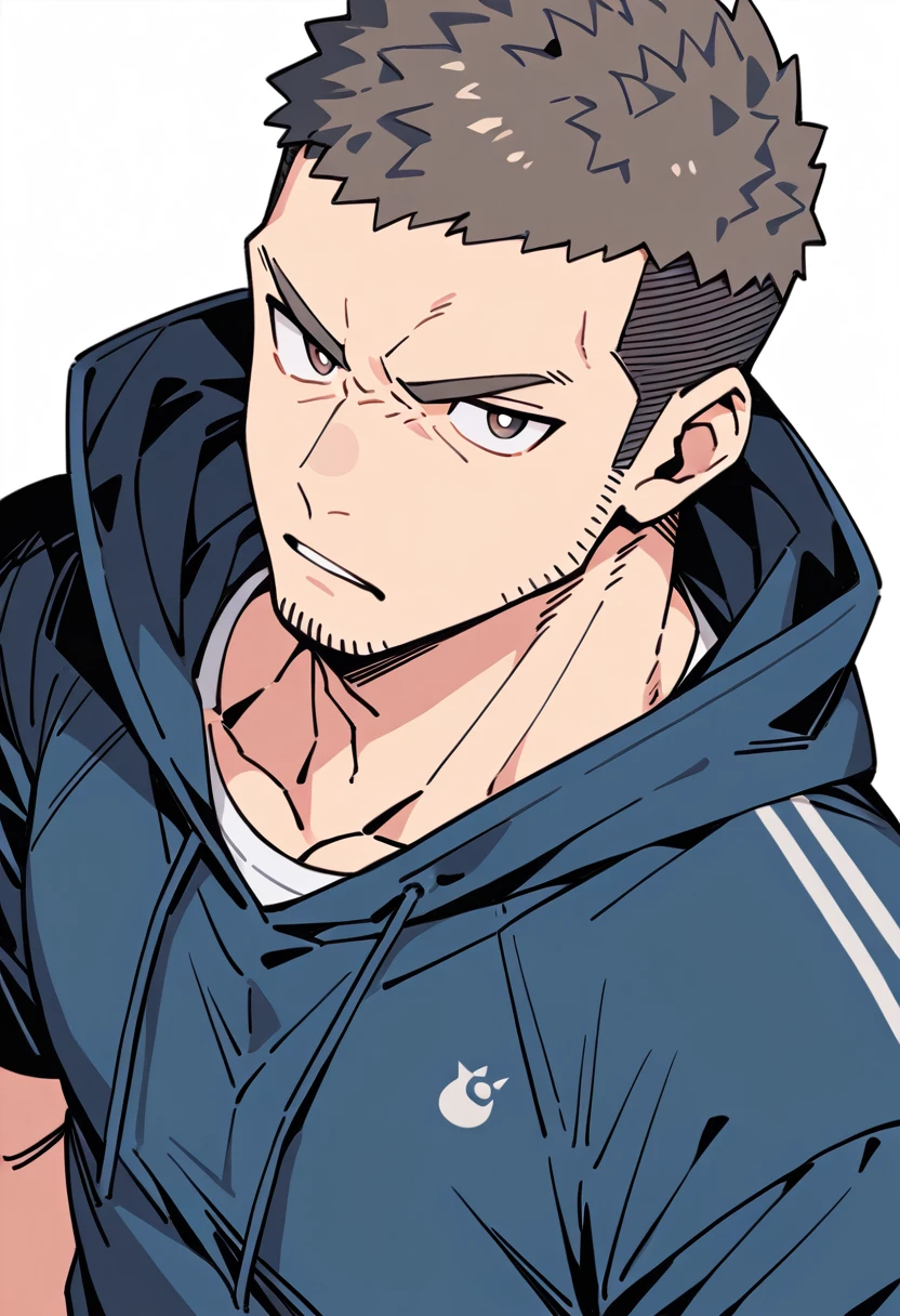 anime characters：Priapus, Muscle Sports Student, Buzz Cut, Manliness, male focus, Sports tight hooded sweatshirt, Very tight, full and perky chest muscles, muscular male, muscular, only, Upper body, alone, Black short hair, Thick eyebrows, stubble, Brown-red pupils, White background, simple background, amazing quality, best aesthetics, Ridiculous, crew cut, parted lips, frown, angry, v-shaped eyebrows, scowl, negative space, best quality