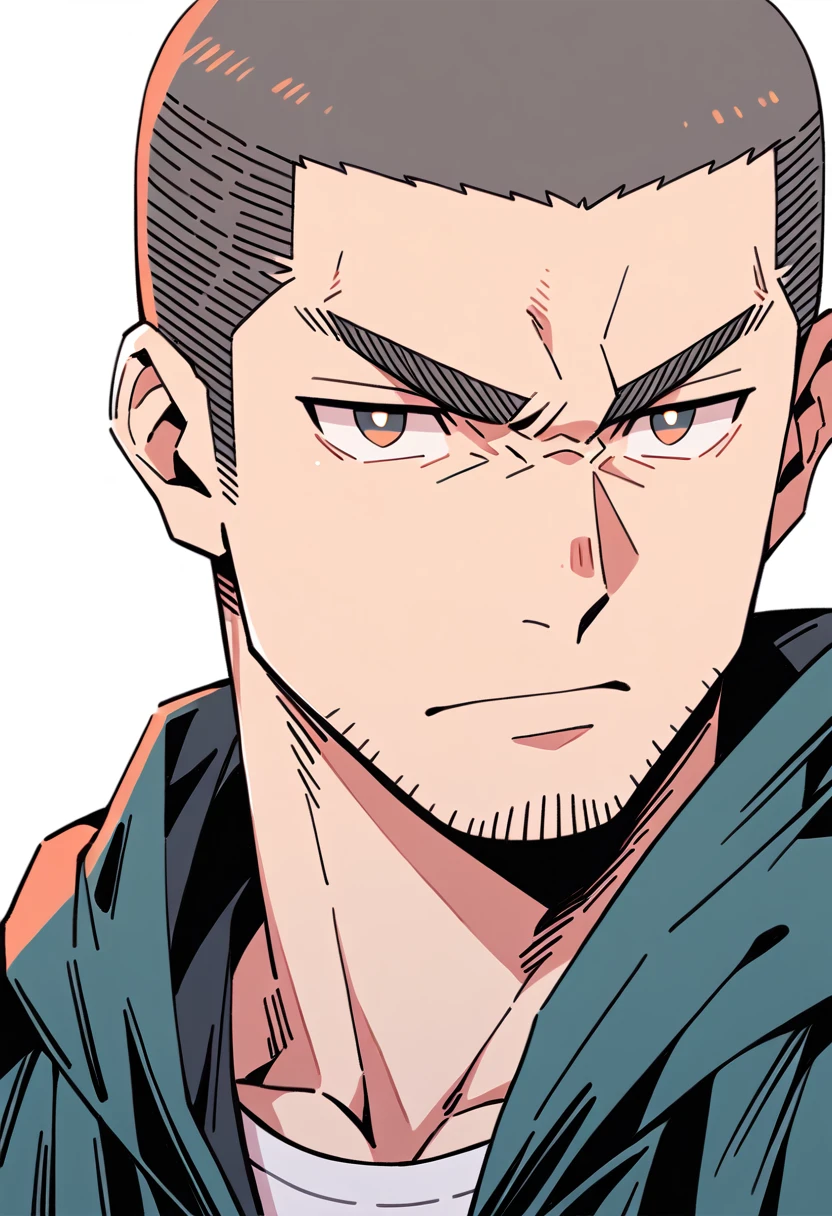anime characters:Priapus, Muscle Sports Student, Buzz Cut, Manliness, male focus, Sports tight hooded sweatshirt, Very tight, full and perky chest muscles, muscular male, muscular, only, Upper body, alone, Black short hair, Thick eyebrows, stubble, Brown-red pupils, White background, simple background, amazing quality, best aesthetics, Ridiculous, crew cut, parted lips, frown, angry, v-shaped eyebrows, scowl, negative space, best quality