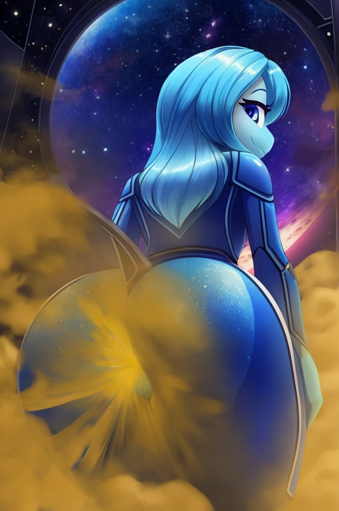 depth of field, perfect lighting, light particles, female, alien, (cute, blue face, long blue hair), solo, space, (butt facing viewer), (looking at viewer over shoulder), ((spacey suit)), (((farting))), macro,