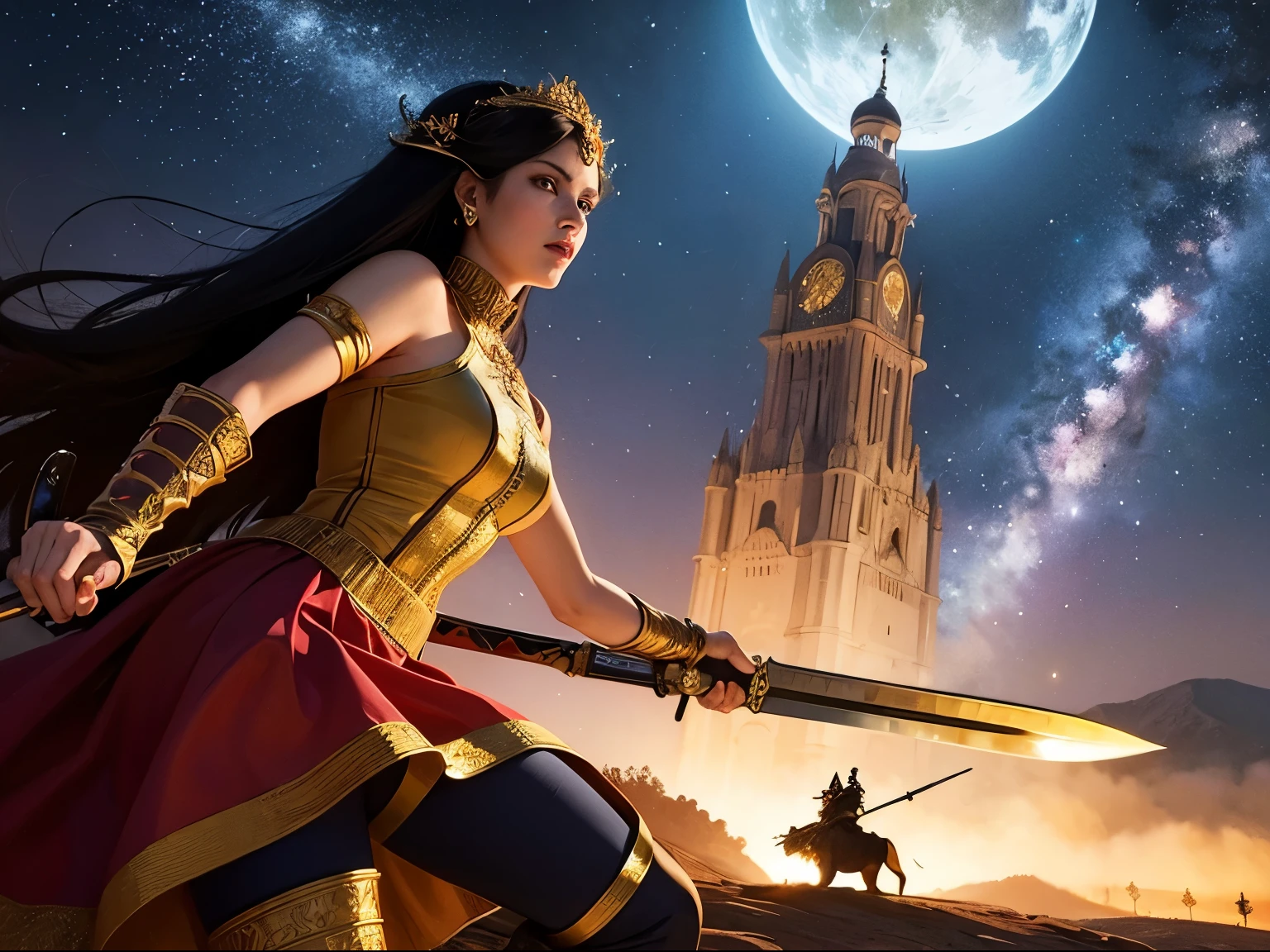 ((best quality)), ((masterpiece)), (detailed), A digital illustration of a queen in traditional Indian dress fighting off enemies in an animated landscape at night with a sword in her hand, with monsters in the background.