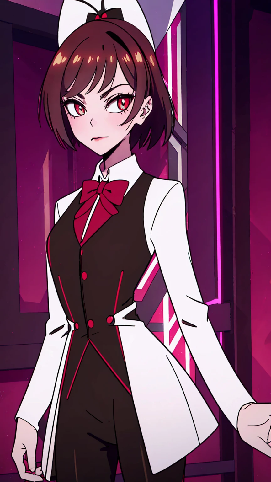 pretty girl, cute face, sparkling eyes, sweet expression, soft smile, looking at viewer, redSuit, White skin, rosy cheek, ankle-length hair ,eyes with light red sclera, red pupils, red tuxedo-jacket with darker-colored lapels, high-collared white untucked dress-shirt with small black buttons on the upper-front, small black bowtie and black suspenders over her shoulders, dark red dress pants, medium-heeled white saddle shoes, (masterpiece:1.2), (cowboy-shot:1.2), dark romantic lighting, (highly detailed:1.2), (detailed face:1.2), (full-body shot:1.2), (gradients), colorful, detailed eyes, (natural lighting:1.2), (solo:1.2),
