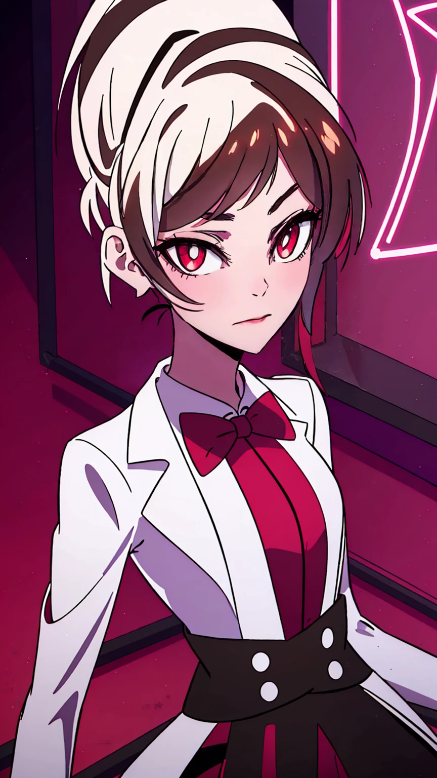 pretty girl, cute face, sparkling eyes, sweet expression, soft smile, looking at viewer, redSuit, White skin, rosy cheek, ankle-length hair ,eyes with light red sclera, red pupils, red tuxedo-jacket with darker-colored lapels, high-collared white untucked dress-shirt with small black buttons on the upper-front, small black bowtie and black suspenders over her shoulders, dark red dress pants, medium-heeled white saddle shoes, (masterpiece:1.2), (cowboy-shot:1.2), dark romantic lighting, (highly detailed:1.2), (detailed face:1.2), (full-body shot:1.2), (gradients), colorful, detailed eyes, (natural lighting:1.2), (solo:1.2),
