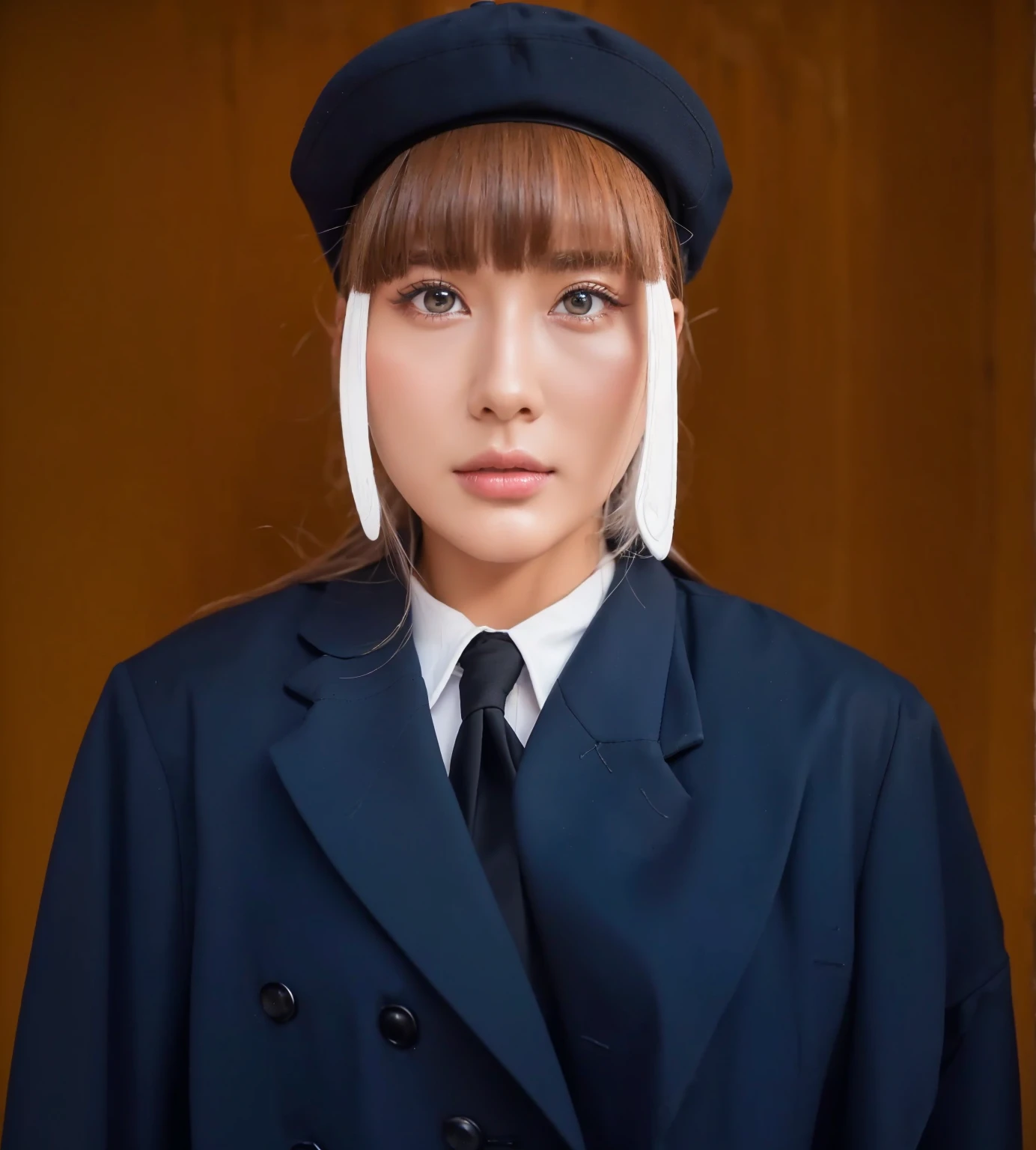 Female, (1girl:1.5), (exceptional, best aesthetic, new, newest, best quality, anime, waifu:1.2), keep the hat like the original, master piece, best quality, ultra detailed, absurdres, highres, colored, good anatomy, long silver hair, brown eyes, serious face, woman breast, sexy, plain bright blue coat, no shirt button, white inside shirt, peak cap, black tie,