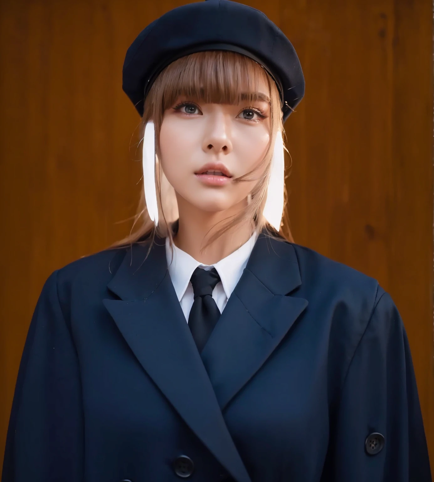 Female, (1girl:1.5), (exceptional, best aesthetic, new, newest, best quality, anime, waifu:1.2), keep the hat like the original, master piece, best quality, ultra detailed, absurdres, highres, colored, good anatomy, long silver hair, brown eyes, serious face, woman breast, sexy, plain bright blue coat, no shirt button, white inside shirt, peak cap, black tie,