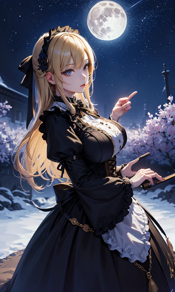 masterpiece, high quality, 4K, Beautiful design, silhouette,blonde, 非常に詳細な夜のStarry Sky,Flower Field, wonderful, Finer details, Very knowledgeable woman, Highly detailed solo, 1 female,Big Breasts,Gothic ta Fashion,Night view,Starry Sky,full moon,