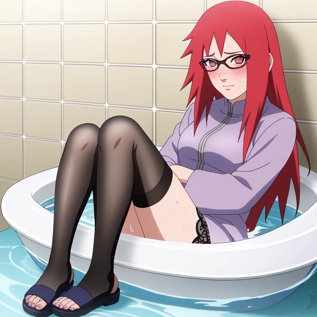 Red hair, 1 Girl, Glasses, Long hair, Red Eyes, Umbilical cord, Looking at the audience, No students, sit,Keep your legs together, zipper,Closed-toe shoes, Japanese cartoons screencap, Japanese cartoons coloring,src_Japanese cartoons,Naruto \(series\), Naruto shippuuden,((blush,nervous,Vision,))masterpiece, absurd , (Intricate details), (Colorful), light, Extremely detailed CG unity 8k wallpaper ,1 Girl, solo,(sit在浴缸里,优雅的sit着,Bathrobe,Keep your clothes conservative,bubble bath,Soaked in water,shy,Medium chest, ),sweat,blush,blush1.5,Blush。Lace dress,bathroom,night,((Lace dress,Black stockings,big bathtub,Sling group,))