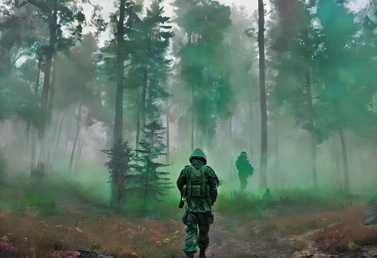 soldier wearing a (dark green) gas mask and a hood standing in the distance, colorful, ((foggy)), forest, dark, mysterious, landscape, apocalyptic, night, moon