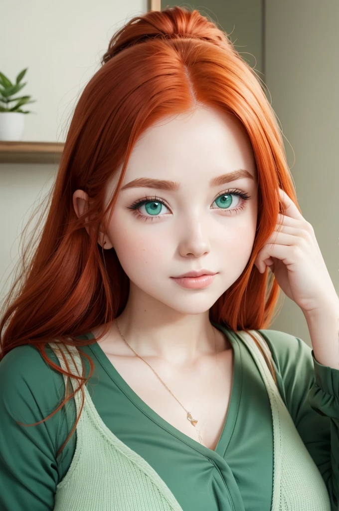 A red-haired girl, pale white skin, green eyes, very long curly hair, round face, small upturned nose, Small ears, in a bedroom, with children's decorations, sad smile, upset, hyperrealism, Ray Tracing, NIKON, 16k, best quality, award winning, high details, super detail, textured skin, anatomically correct, masterpiece