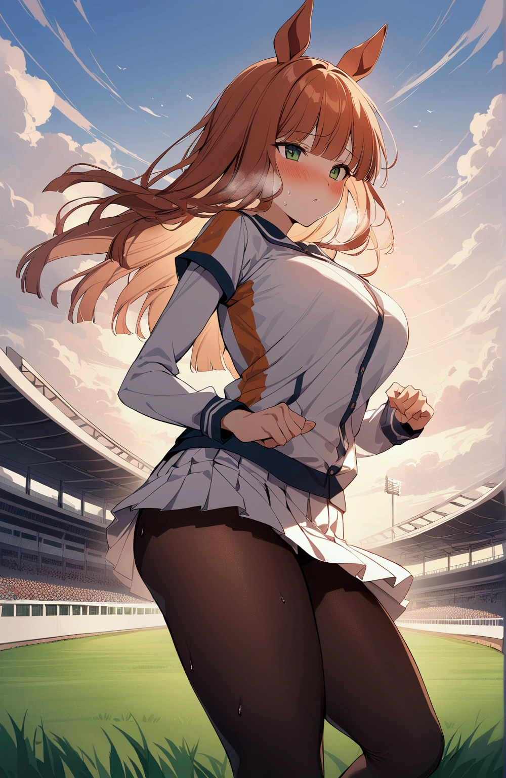 Silence Suzuka、Horse Girl、Best image quality、High resolution、masterpiece、super high quality、Racecourse、race、Explosive、猛然とさRun、Run、颯爽とRun、Sweaty、Very short pleated skirt、Heavy breathing、Blushing、4K quality、Black Pantyhose、Voluptuous thighs、大勢のRunHorse Girl