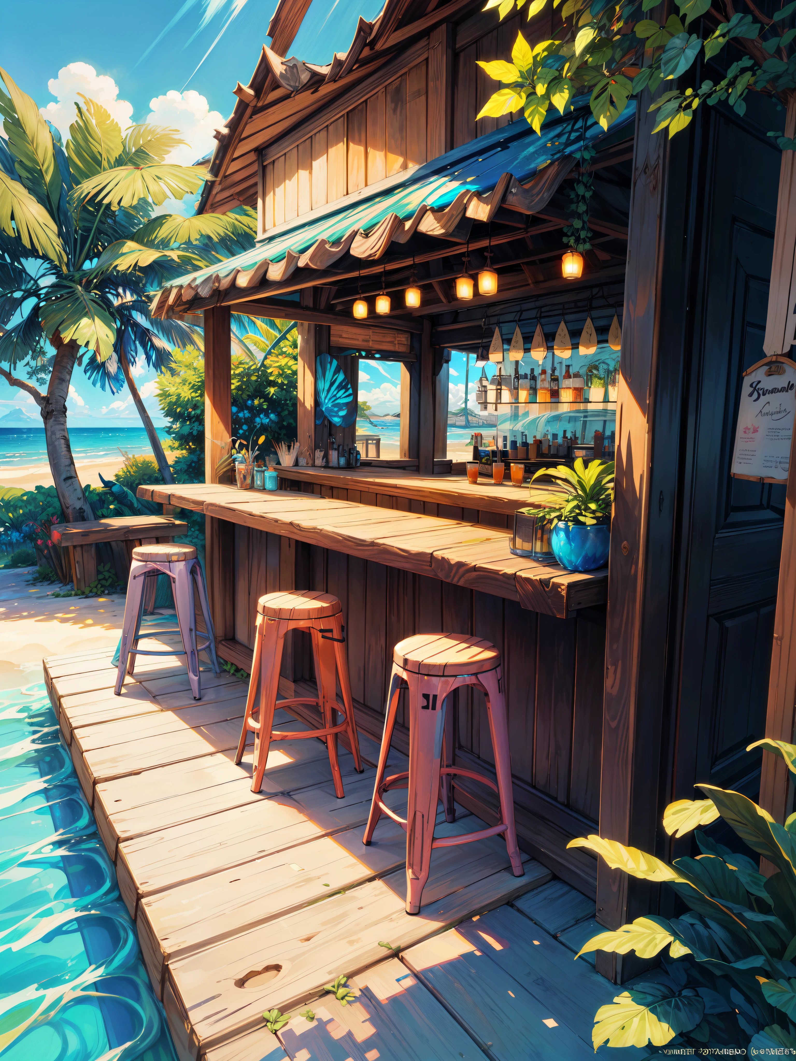 super wide perspective, outdoor bar, beach side, wooden interior, bar chairs, tropical leafy plants, menu board, sunlight falling on floor, shade, surf board, beach visible from door, afternoon, bar shelf, vibrant color tones, ghibli style, no humans, scenery, masterpiece, high resolution 