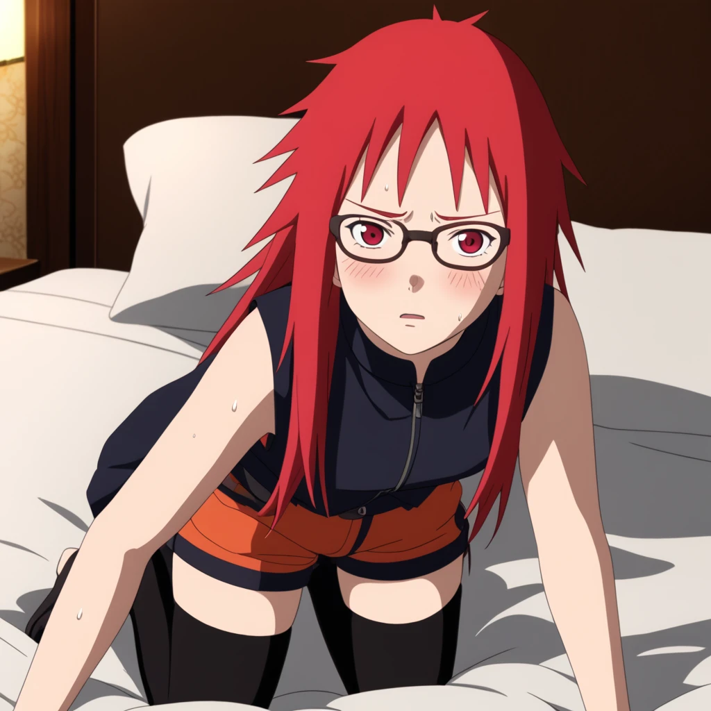 Red hair, 1 Girl, Glasses, Long hair, Red Eyes, Solitary, Umbilical cord, Looking at the audience,No students, Japanese cartoons screencap, Japanese cartoons coloring,src_Japanese cartoons,Naruto \(series\), Naruto shippuuden,((blush,nervous,Vision,))masterpiece, absurd , (Intricate details), (Colorful), light, Extremely detailed CG unity 8k wallpaper ,1 Girl, solo,(shy,In the hotel,Lying on the bed,night,blush,nervous,Sweating,蕾丝dress, ),sweat,blush,blush1.5,Blush,Medium chest,((dress,Vest,shorts,Black stockings,luxurious hotel,night,)),(dress,Suspenders,shorts,Lying in bed,Uncomfortable expression,Kneel down)