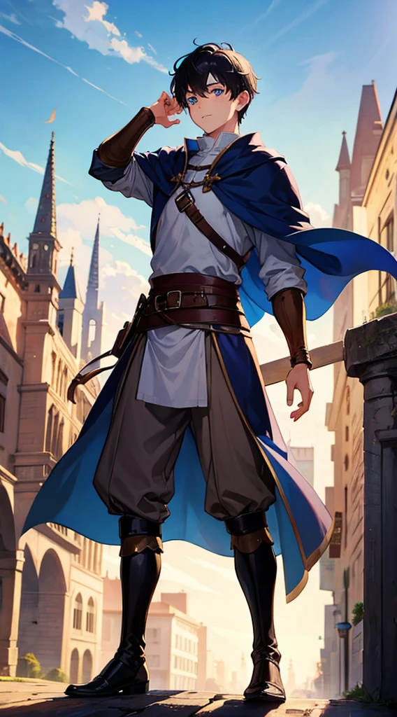 1boy, medieval cloth, full body shot, traveler, blue eyes, short black hair, medieval city background, action