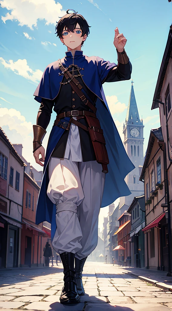 1boy, medieval cloth, full body shot, traveler, blue eyes, short black hair, medieval city background, action