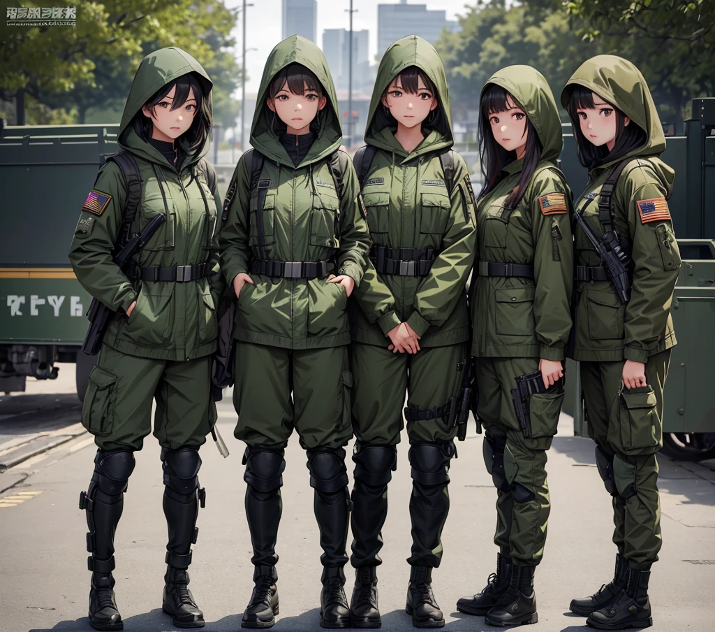 A group of female soldiers standing side by side、All wear dark green M-51 hooded military uniforms、Hooded on head、Magazine Pouch、Military Pants、Knee pads、Crotch，Write details、masterpiece、best quality、Highly detailed CG、8K picture quality