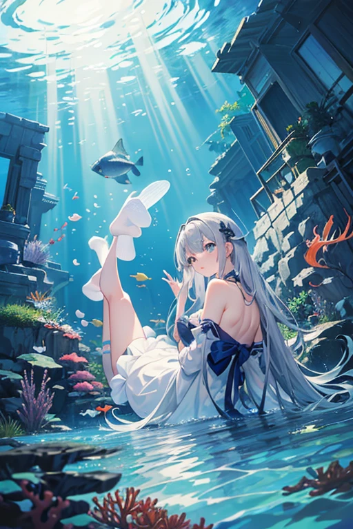 1girl,solo,palace,gawr gura,floating hair,hair ornament,jewelries,accessories,girl,white hair,blue hair,streaked hair,beautiful detailed eyes,blue eyes,white robe,greek clothes,sitting,flowing clothes,dutch angle,colorful corals,coral reefs,pillars,pantheon,white pillars,white palace,colorful orb,colorful crystal,light particles,bubbles,schools of fish,fishes,colorful fish,multicolored fishes,digital art by fuzichoco,digital art by mika pikazo,digital art by arutera,pixiv contest winner,fantasy art,pixiv,official art,anime,vibrant,vivid colors,awesome lighting,ray tracing,beautiful background,awesome background,digital art,underwater,colorful,vivid colors,magic particles,[unconcerned, NSFW,]