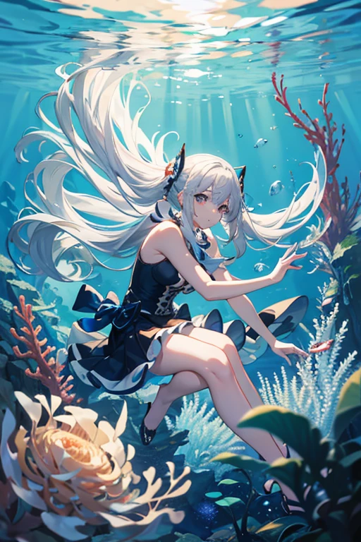 masterpiece, Highest quality, High resolution,Follow the on-screen instructions、Anime Style、Follow the prompts、One Girl、Long silver hair、Inside a cylindrical aquarium、Coral Reef、fish、Falling position、Extend your hands towards the water、On the way down to the bottom of the sea、Look at the water surface
