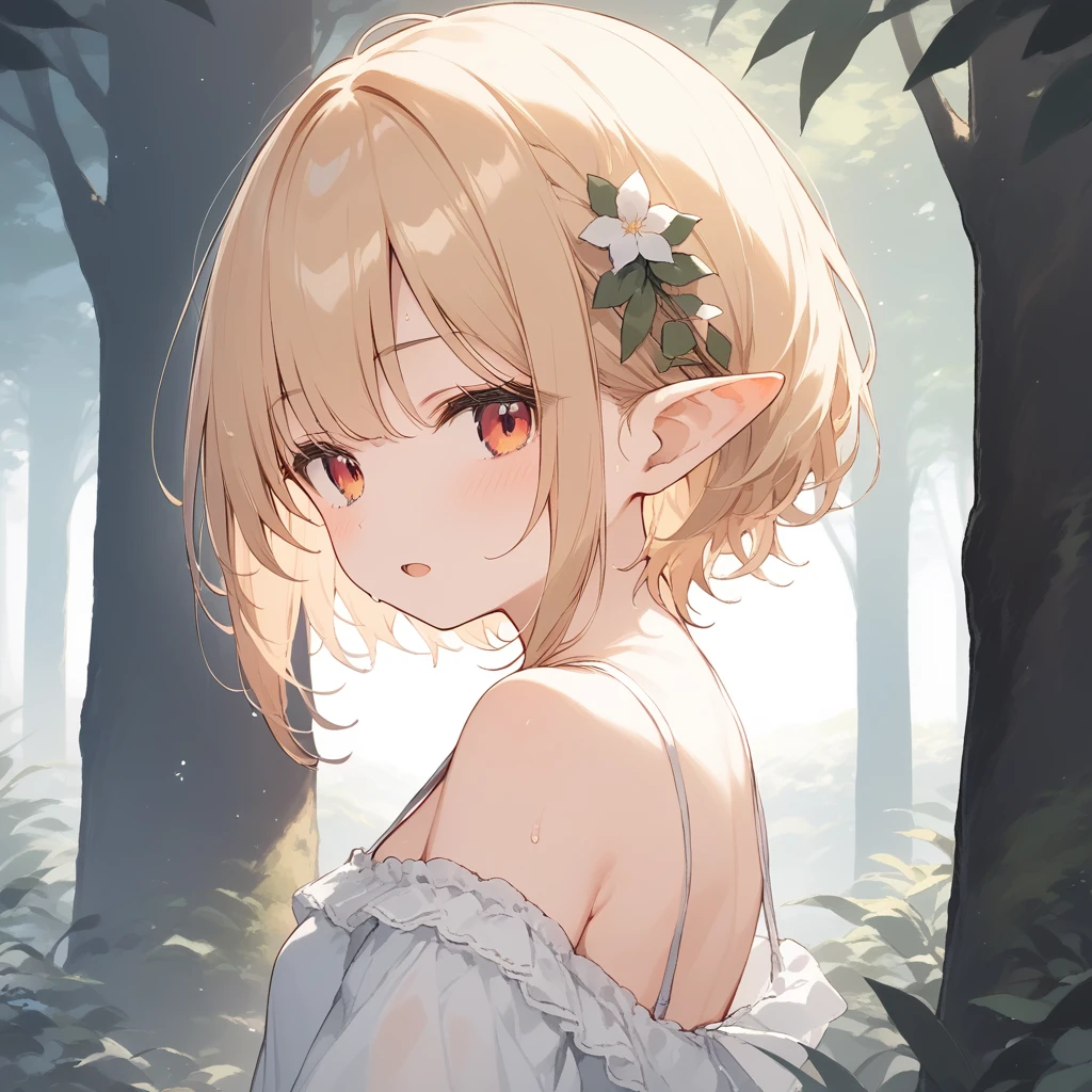 score_9, score_8_up, score_7_up, source_anime, best quality, masterpiece, official art, absurdres, highres, ultra-detailed,waifu2x,Collection: Slice of Life,break,1girl, elf, short hair, slender, androgynous,expressionless, small breasts, beautiful detailed eyes, green shorts, sweat, open mouth, sleepily, outdoors, forest, spring,break,(clear line illustration:1.2), super detailed skin,very high resolution, very aesthetic, Best sexual lighting powered by famous artist, 8k,cute picture,beauty illustration,photoshop_(medium),,(Detailed Lighting),best anime 8k konachan wallpaper, pixiv contest winner,