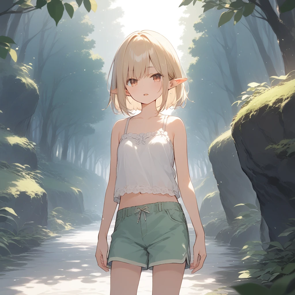 score_9, score_8_up, score_7_up, source_anime, best quality, masterpiece, official art, absurdres, highres, ultra-detailed,waifu2x,Collection: Slice of Life,break,1girl, elf, short hair, slender, androgynous,expressionless, small breasts, beautiful detailed eyes, green shorts, sweat, open mouth, sleepily, outdoors, forest, spring,break,(clear line illustration:1.2), super detailed skin,very high resolution, very aesthetic, Best sexual lighting powered by famous artist, 8k,cute picture,beauty illustration,photoshop_(medium),,(Detailed Lighting),best anime 8k konachan wallpaper, pixiv contest winner,