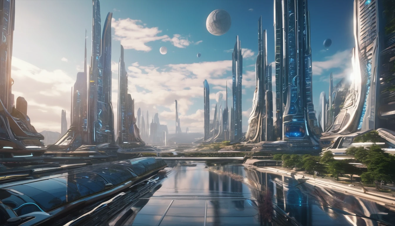 Futuristic city, 8K, Ultra detailed, view from the ground