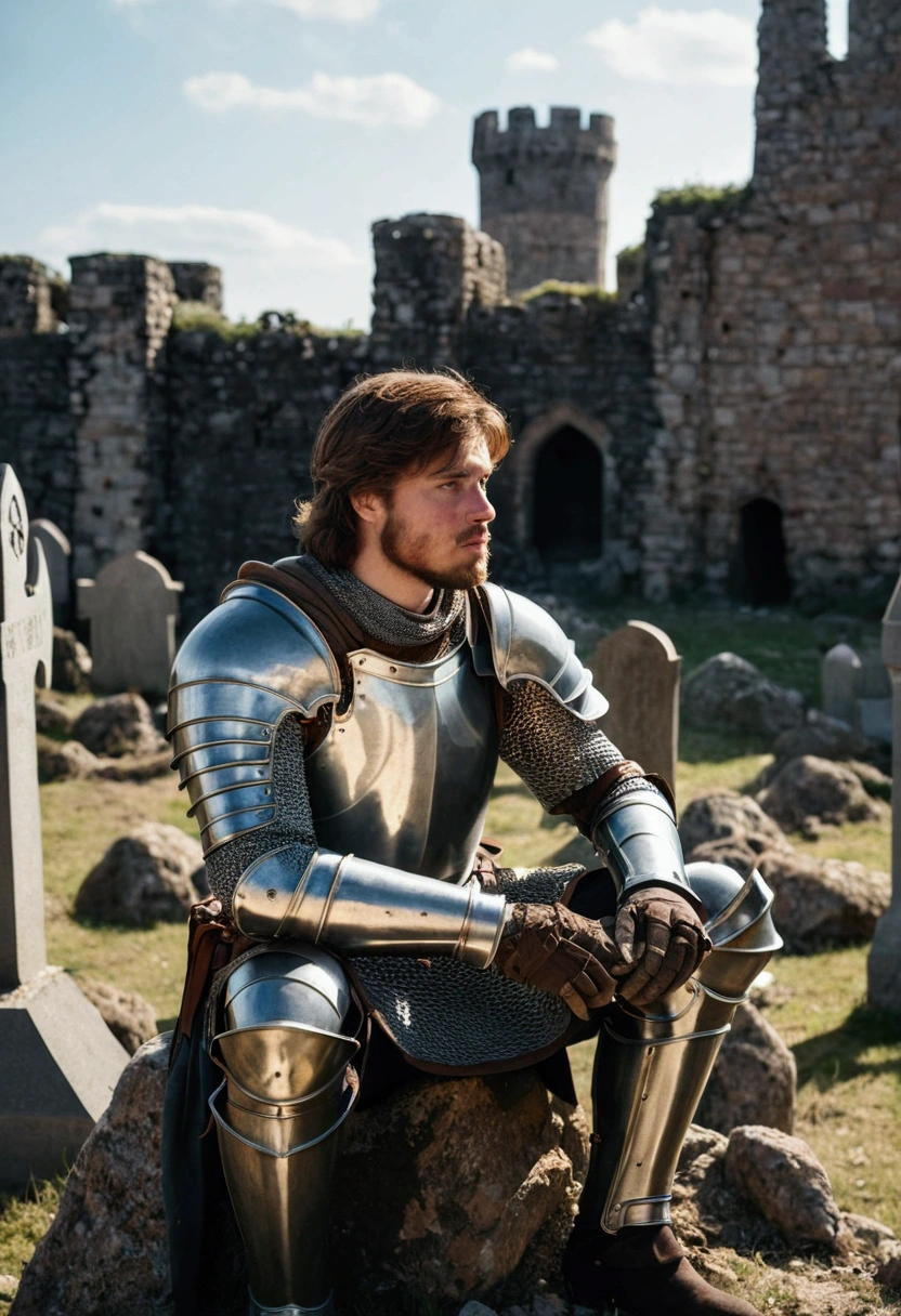 25 year old knight in armor with cuts visible, brown hair, plain face, brown beard, medium height, plain looking, is sitting next to a number of graves that are made of rocks. In the background a ruined castle tower visible