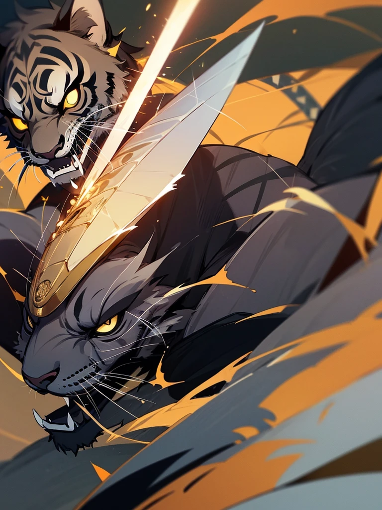 1 sword,Black Dragon Pattern Die,very sharp,The tip of the handle is so smooth that you can see the light.,The handle has a silver coin pattern and a gold tiger pattern.,Looking slightly upwards, he saw the tip of a sword.