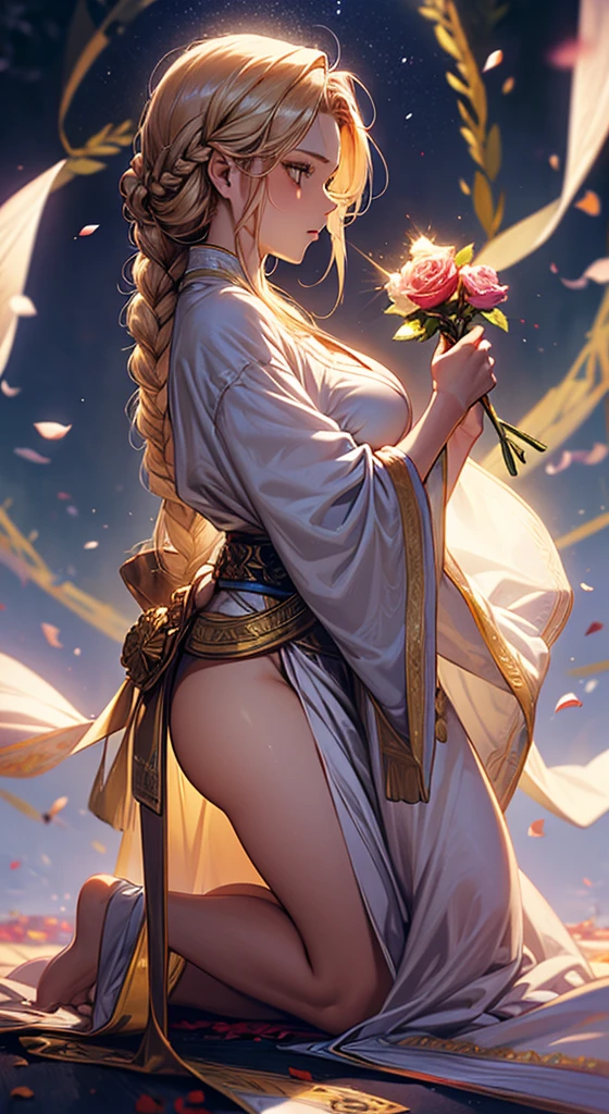 Highest quality, 32k, RAW Photos, Unbelievably absurd, Very detailed, Delicate texture, beautiful, Slim and sharp face, Hit the knee, Wearing a translucent rainbow robe, Obscene language, Side braided hair, Starry Sky,full moon, Best body shape, Big Breasts, Rose Garden, Falling petals and gold dust:1.3)