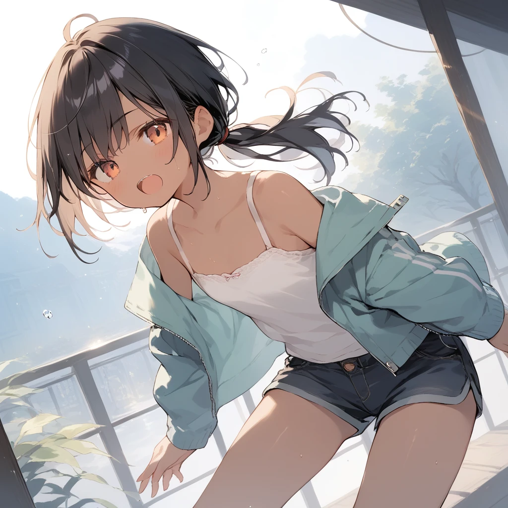 score_9, score_8_up, score_7_up, source_anime, best quality, masterpiece, official art, absurdres, highres, ultra-detailed,waifu2x,Collection: Slice of Life,break,1girl, tomboy, dark-skinned female, short hair, low ponytail, flat chest, beautiful detailed eyes, short shorts, sweat, open mouth, (yawn:0.3), sleepily, outdoors, wind,break,(clear line illustration:1.2), super detailed skin,very high resolution, very aesthetic, Best sexual lighting powered by famous artist, 8k,cute picture,beauty illustration,photoshop_(medium),,(Detailed Lighting),best anime 8k konachan wallpaper, pixiv contest winner, 