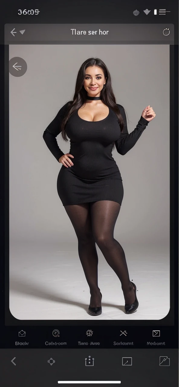 35 years old, Mature teacher with leggings, thick legs, a thick ass, a black dress, tight make-up, face, smile, very realistic dress only reaches halfway down the ass, one with the knee forwards, the other backwards and is standing straight in the background, a man who has become very horny and has got a stiff penis