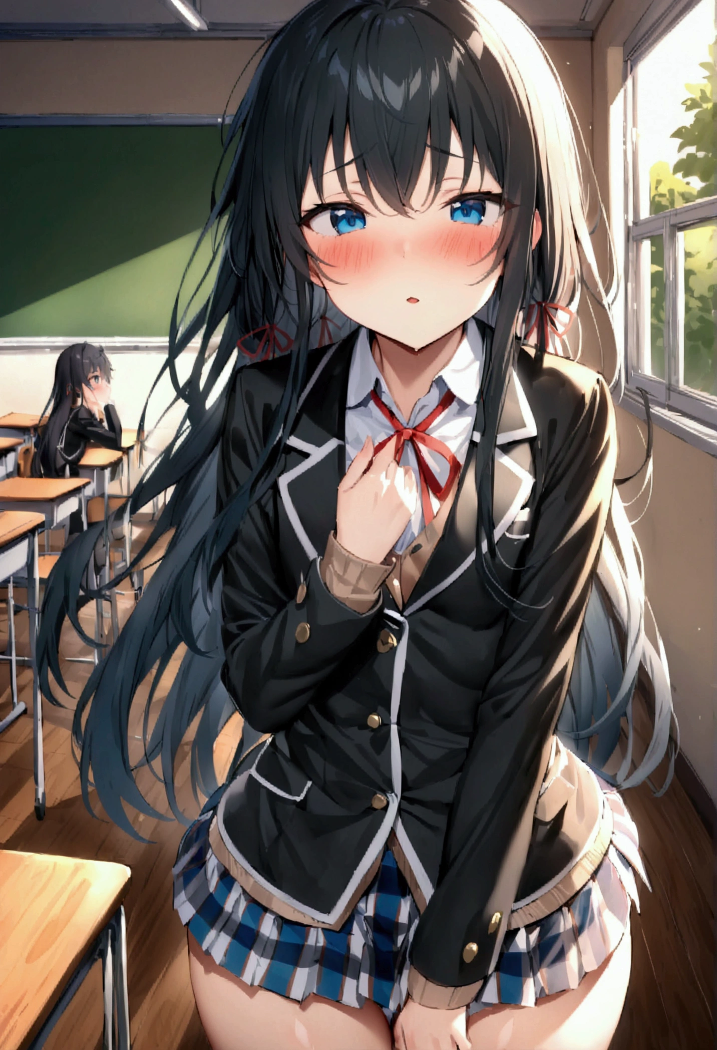 NSFW,masterpiece,Highest quality,High resolution,Super detailed,Yukinoshita Yukino\(My Youth Romantic Comedy is Wrong as Expected\),Black Hair,Long Hair,Light blue eyes,uniform,Small breasts,blush,School,classroom