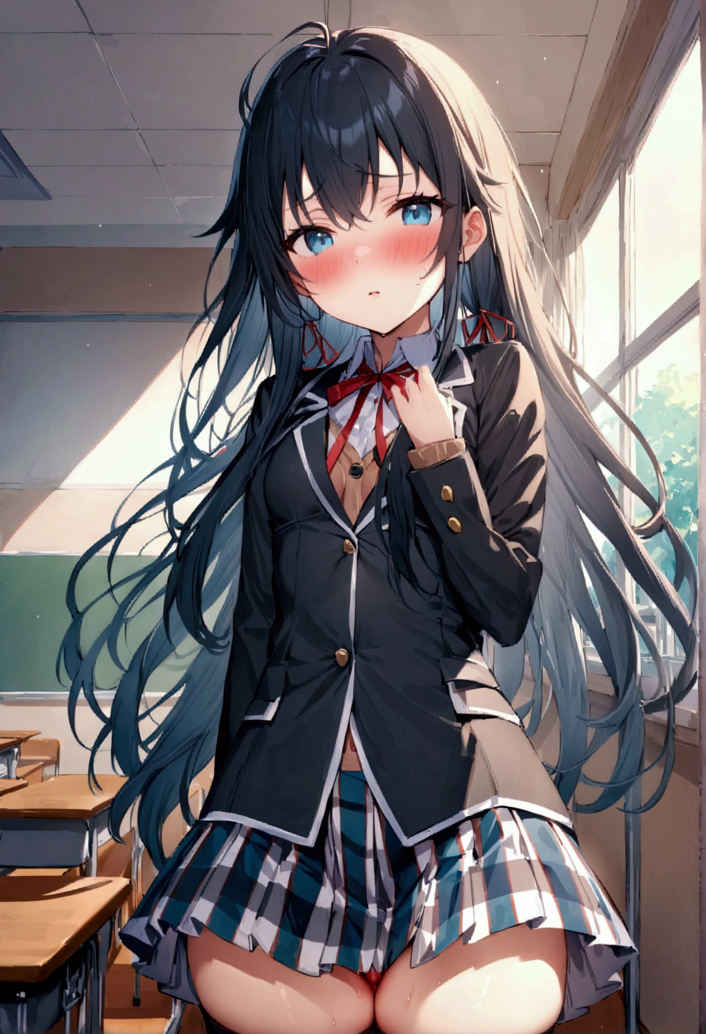 NSFW,masterpiece,Highest quality,High resolution,Super detailed,Yukinoshita Yukino\(My Youth Romantic Comedy is Wrong as Expected\),Black Hair,Long Hair,Light blue eyes,uniform,Small breasts,blush,School,classroom