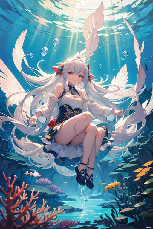 masterpiece, Highest quality, High resolution,Follow the on-screen instructions、Anime Style、Follow the prompts、One Girl、Long silver hair、Inside a cylindrical aquarium、Coral Reef、fish、Falling position、Extend your hands towards the water、On the way down to the bottom of the sea、Look at the water surface