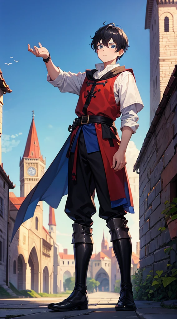 1boy, medieval cloth, full body shot, traveler, blue eyes, short black hair, medieval city background, action