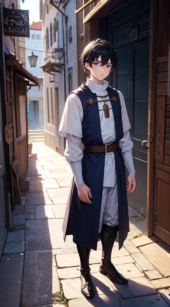 1boy, medieval cloth, full body shot, traveler, blue eyes, short black hair, medieval city background, action