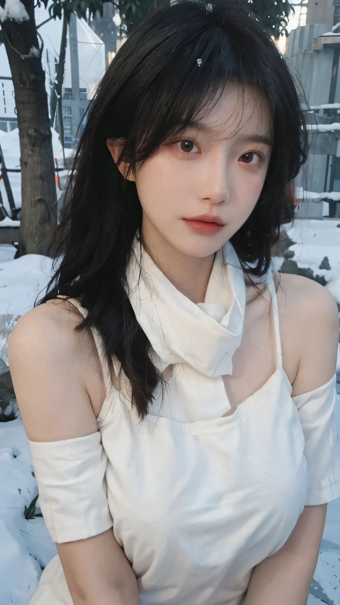 Portrait photography,1 girl,snow,Snow Scene,Heavy makeup,Bare shoulders,Lipstick,(Big breasts:1.4),Shoulder-Length Wavy Hair,Wear a necklace,scarf,Earring short sleeves,serene,calm,(Realistic and detailed eyes,Natural skin texture,Realistic facial details),whole body:1.4,