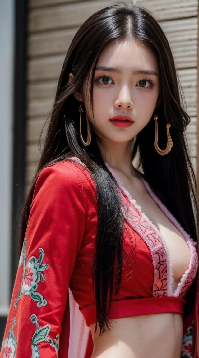 Original photo:1.2),(Realistic:1.4),Beautiful detailed girl,Very detailed eyes and face,Beautiful details in the eyes,Ridiculous,incredibly Ridiculous,Very detailedな,High resolution,Very detailed,Highest quality,masterpiece,figure,Very detailed,CG,Unified,8k wallpaper,wonderful,The finer details,masterpiece,Highest quality, Perfect lighting,1 Girl, (((Boa Hancock))), Long Hair, Epaulettes, Cape, Red crop top, Side slits, Cowboy Shot, Background Tokyo