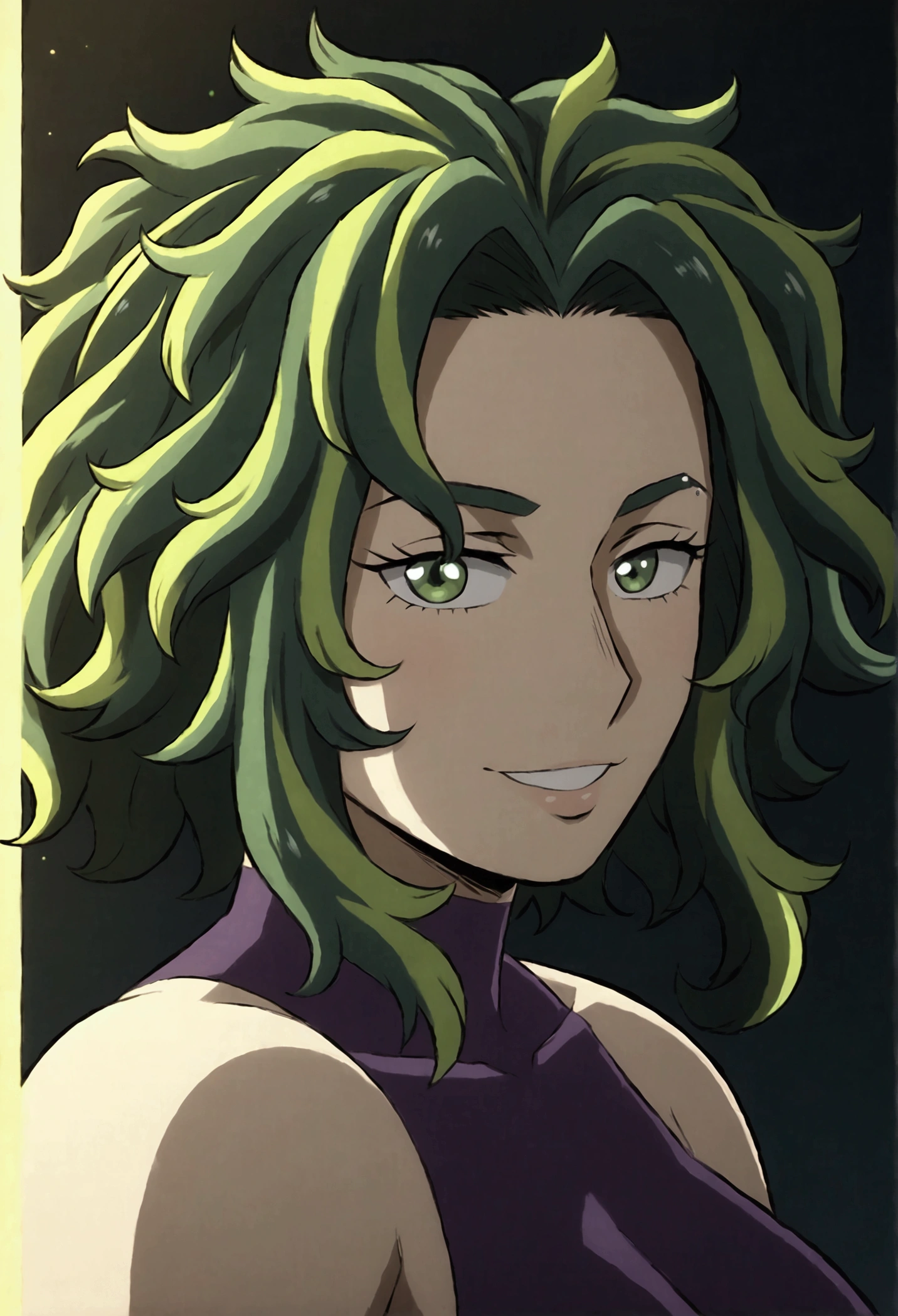 lady nagabt of mha, MHA anime style, woman with dark green hair, green hair with lime green parts, messy and unusual hair, short eyebrow, green neon suit hero, cabelo com dark and light strands, dark and light strands, olhar fofo,  soft lips, ssmile, dark and light strands, beautiful lighting. Lime eye, cute Smile , big hair